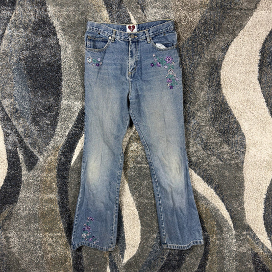 Vintage Floral Embroidered Bootcut Jeans Womens 27x31 Boho