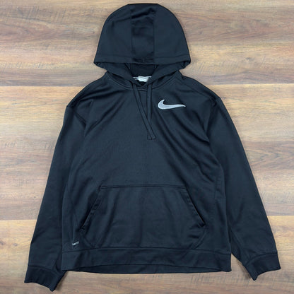 Y2K Nike Therma Fit Hoodie Mens XL Black Silver Tag Swoosh