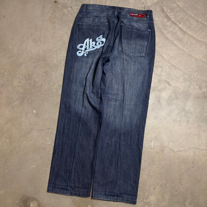 Vintage Akademiks Baggy Jeans Mens 38 Blue Y2K Hip Hop Embroidered Logo
