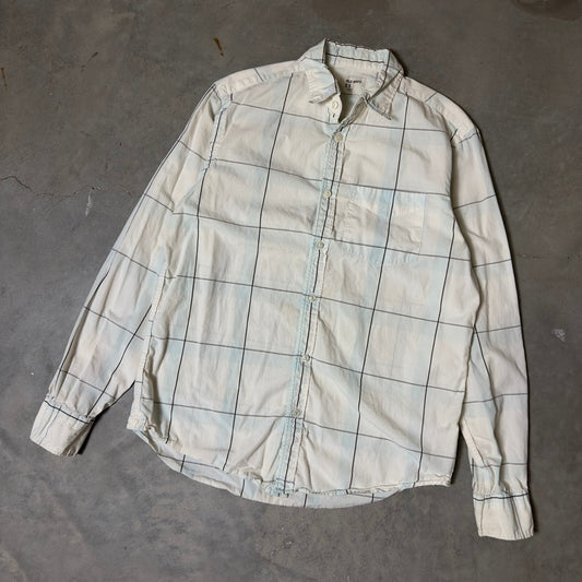 Old Navy Button Down Shirt Mens S Cream Blue Grid Check Preppy Minimalist