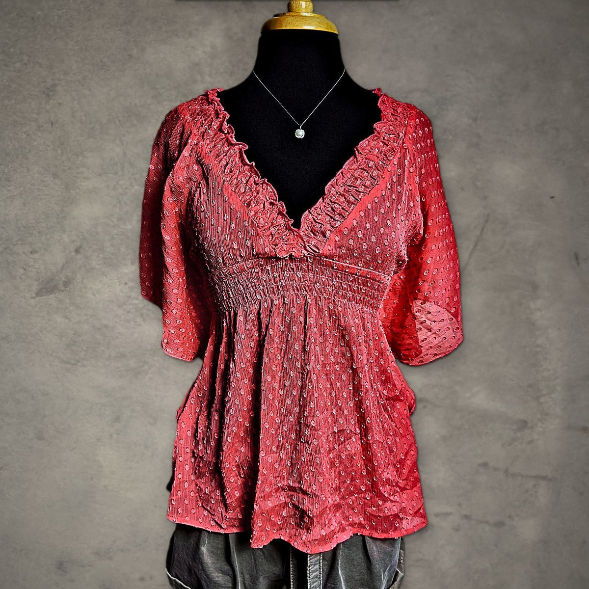Coral Swiss Dot Babydoll Blouse Womens S Flutter Sleeve