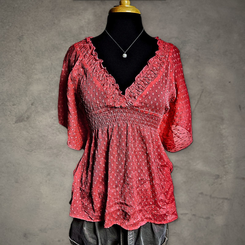 Coral Swiss Dot Babydoll Blouse Womens S Flutter Sleeve